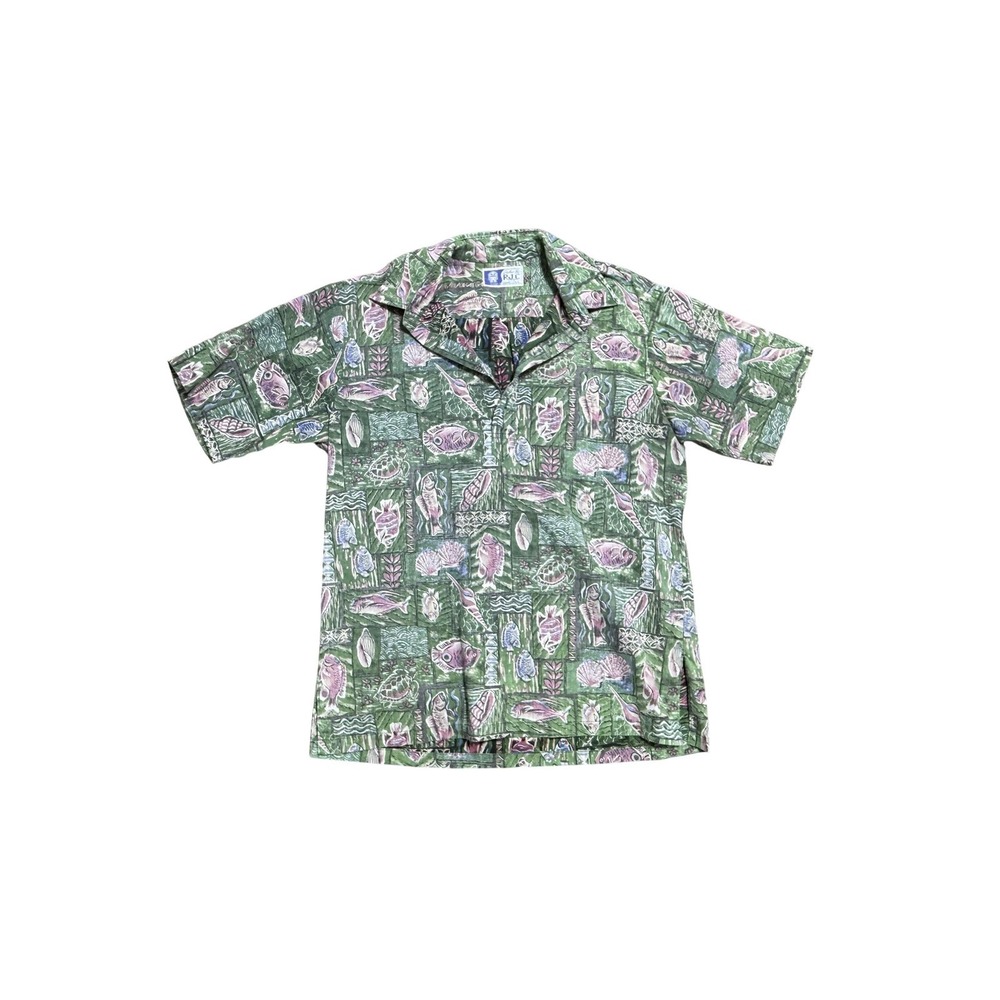 RJC Shirt Mens Large Green Fish Hawaiian Tropical Short Sleeve Button Front